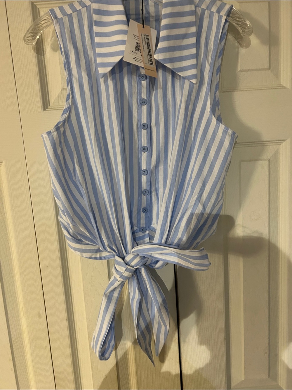 Sleeveless Blue & White Striped Tie-Hem Button-Down Top
